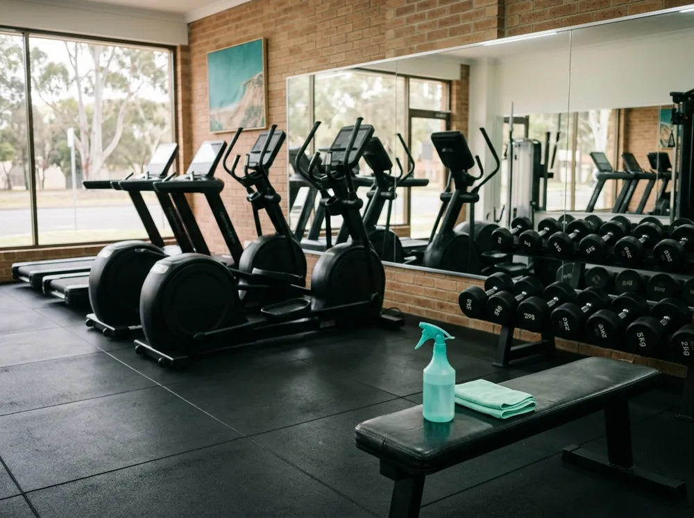 Gym floor with sanitised cardio equipment and rubber flooring after a gym clean in Perth
