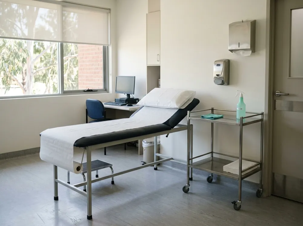Sanitised consulting room in a medical clinic after a detail clean and disinfection