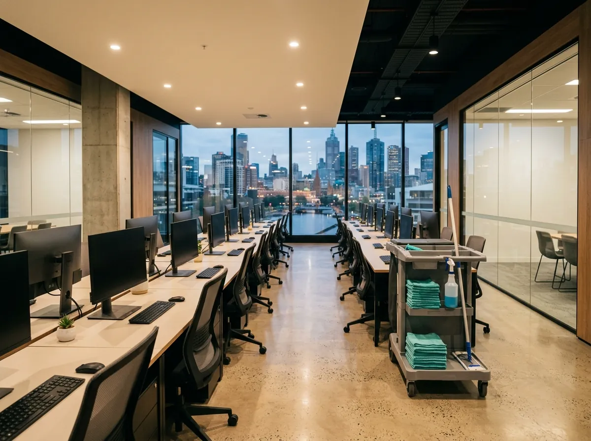 Clean modern office in Perth after an evening commercial clean, tidy desks and streak-free glass