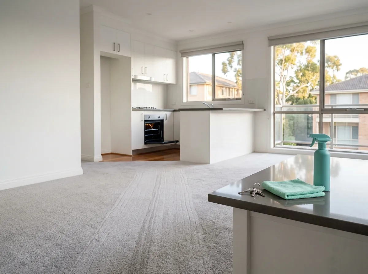 End of lease clean completed in an empty Perth rental, vacuumed carpet and spotless oven ready for inspection