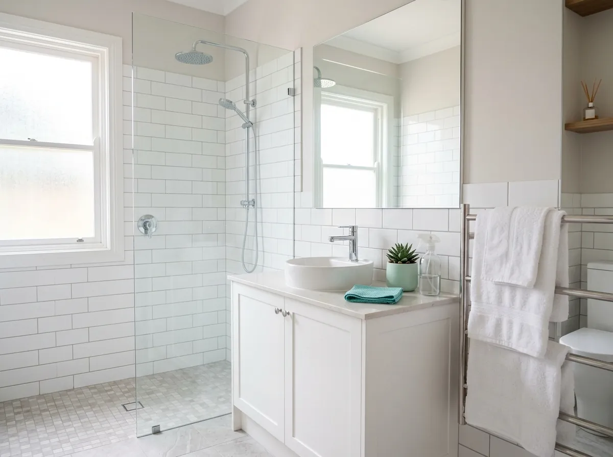 Sparkling bathroom after a residential house clean in Perth, polished tapware and clean shower glass