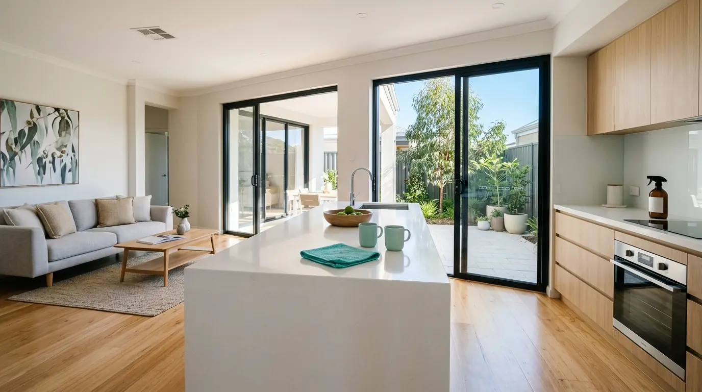 Freshly cleaned open-plan living and kitchen area in a Perth home, bright with morning light